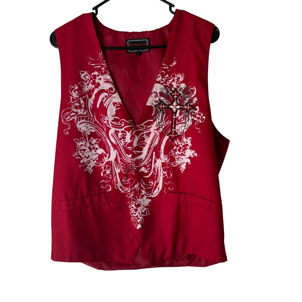 Patroncito Vintage Y2k‎ Mens Red Vest Cross Graphic Tattoo Button Front Vest L